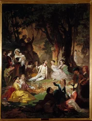 Kóstoló Champetre Piknik jelenete a polgári társadalomban. Barthelemy Glaizes (1807-1893) festménye 1850 Montpellier, Fabre Múzeum