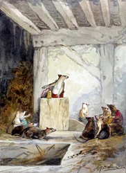 Illusztráció Jean de La Fontaine „A patkányok tanácsa” című meséjéről. Auguste Delierre akvarellje (1829-1890 körül)