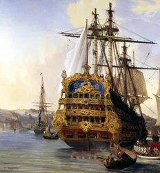 A „Le Foudroyant” hajó Brest előtt horgonyon 1724-ben, részlet. Auguste Mayer (1805-1890) festménye, 1724, Brest, Szépművészeti Múzeum - A „Le Foudroyant” hajó Brest kikötőjében