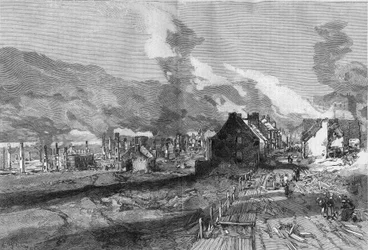 Quebec City (Kanada) romjainak kilátása az 1881. júniusi tűzvész után. Lepere metszet a „” The Illustrous World”” 1267. számában, július 9.