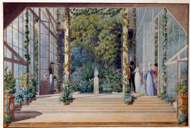 Látogatás a malmaisoni kastély melegházában, 1823. Méretek: 0,16 x 0,24 m. Malmaison, Musée du Château