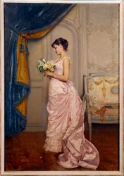 Édes levél. Egy fiatal nő virágcsokorral kísért szerelmes levelet olvas egy hódolójától. Auguste Toulmouche (1829-1890) festménye, 1883. Nap. 0,66 x 0,45 m. Nantes, Szépművészeti Múzeum