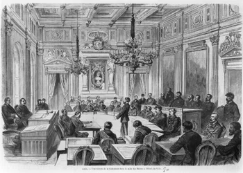 A kommuna tagjai üléseznek a Hotel de Ville-ben, Salle des Maires-ben, Párizs, 1871