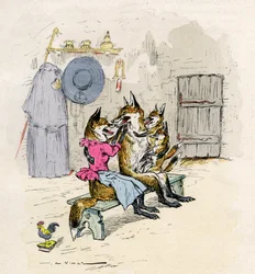 Illusztráció: A. Vimar a Novel de Renarthoz (a róka regénye), Henri Laurens 19. századi kiadása - Goupil és Hermeline, a róka, felesége, otthon, gyermekeikkel a kis rókák