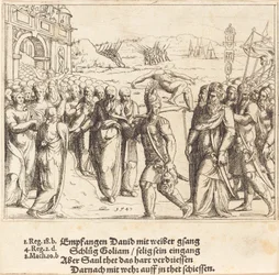 Dávidot üdvözlik Góliát megölése és Saul féltékenysége, 1547 után.