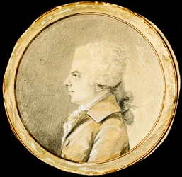 Wolfgang Amadeus Mozart – Augustin de Saint-Aubin (1736-1807). Szangvinikus, fekete kréta és fehér színű papíron, kb 1778. Mérete: D 13,8 cm. Magángyűjtemény