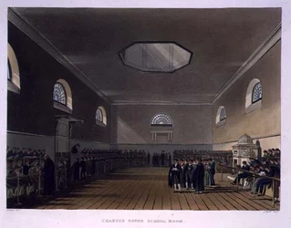 Charter House School Room, a "History of Charter House School"-ból, a "History of the Colleges" része, metszett J. Bluck (fl.1791-1831) pub. R. Ackermann