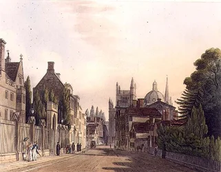 Wadham Hall külseje a parkokból nézve, illusztráció az „Oxford történelméből”, J. Hill metszet, kocsma. R. Ackermann. 1813 (akvatinta)