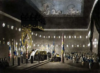 Lord Nelson vikomt földi maradványai fekve a Greenwich Kórház festett kamrájában, J. Merigot metszete, pub. 1806 (színes metszet)