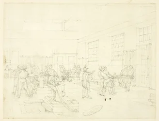 Tanulmány a Pénzverde számára, London mikrokozmoszából (recto); udvari vázlat (verso)