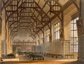 The Hall of Trinity College, Cambridge, "The History of Cambridge", metszett J. Bluck (fl. 1791-1831), pub. R. Ackermann, 1815 (színes akvatinta)