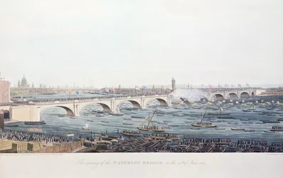 A Waterloo-híd megnyitása 1817. június 18-án, W. Findlater rajzából A. Pugin metszet, R. Havell és Son metszet, 1818 (színes metszet)