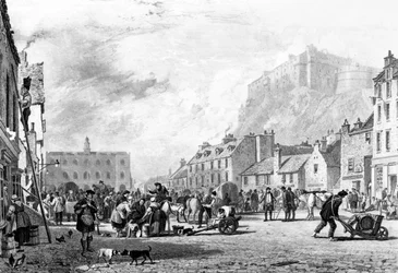 A kastély a Grass Marketről, Edinburgh, George Cooke és Henry Le Keux metszet, 1820