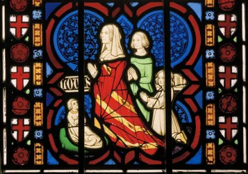 Pugin második felesége, Louisa mostohalányával Anne-nel és két lányával, Ágnessel és Katherine-nel, Chapel East Window, 1844 körül (festett üveg)
