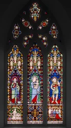 Szent János evangélista, Szűz és gyermek és Szent György, 1844 körül (festett üveg)