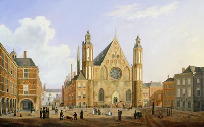 A hágai Binnenhof kilátással a Ridderzaalra, katonákkal és más alakokkal az udvaron