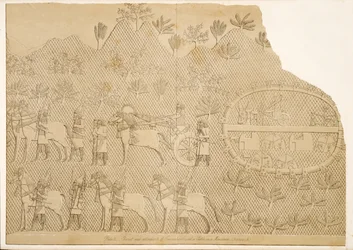 Szennaherib szekere és kísérői, valamint egy hegyi kastély (Kouyunjik), Ninive emlékműveiből, kocsma. 1849