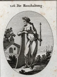 A közgazdaságtan allegóriája. A békét jelképező olajág koronázza. Kormányra támaszkodik, kezében egy jogar és iránytű, a hatalom és a pontos kormány jelképei. Gravírozás „Iconologie oder Ideen aus dem Gebiete der Leidenschaften und Allego” betűkkel
