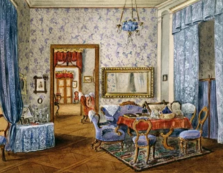 Biedermeier stílusú hálószoba, 1830 körül, akvarell, Ausztria