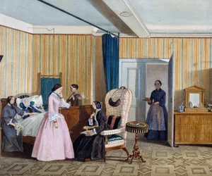 Biedermeier stílusú hálószoba, akvarell, Ausztria