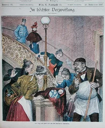 Egy osztrák magazin borítója, amely egy tömbház lépcsőházában elhagyott babát ábrázol, 1897. november 28-án (színes litó)