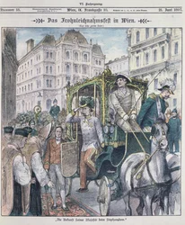 Ferenc József osztrák császár a bécsi Szent István-székesegyházba érkezik, hogy megünnepelje Corpus Christi (Fronleichnam) ünnepét, 1897;