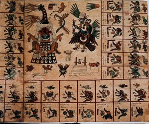 Azték istenségek és a naptárnak megfelelő mezők ábrázolása. A fakéregre írt azték „Codex Borbonicus” kézirat egyik lapja, Közép-Mexikó Kolumbusz előtti őslakos kódexe, a 15. század vége. A Nemzetgyűlés könyvtára (Palais Bourbon).
