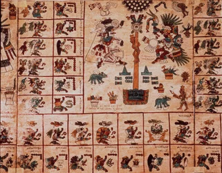 Azték istenségek és a naptárnak megfelelő mezők ábrázolása. A „Codex Borbonicus” fakéregre írt azték kézirat egyik lapja, Közép-Mexikóból származó, Kolumbusz előtti őslakos kódex, a 15. század vége. A Nemzetgyűlés könyvtára (Palais Bourbon).