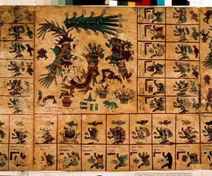 Azték istenségek és a naptárnak megfelelő mezők ábrázolása. A „Codex Borbonicus” fakéregre írt azték kézirat egyik lapja, Közép-Mexikóból származó, Kolumbusz előtti őslakos kódex, a 15. század vége. A Nemzetgyűlés könyvtára (Palais Bourbon).