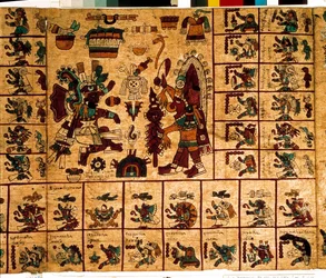 Azték istenségek és a naptárnak megfelelő mezők ábrázolása. A fakéregre írt azték „Codex Borbonicus” kézirat egyik oldala, Közép-Mexikó Kolumbusz előtti őslakos kódexe, a 15. század vége. A Nemzetgyűlés Könyvtára (Palais Bourbon).