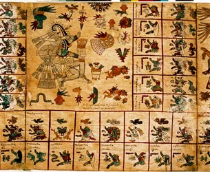 Azték istenségek és a naptárnak megfelelő mezők ábrázolása. Lap a fakéregre írt „Codex Borbonicus” azték kéziratból, Közép-Mexikó Kolumbusz előtti őslakos kódexéből, a 15. század vége. A Nemzetgyűlés Könyvtára (Palais Bourbon).