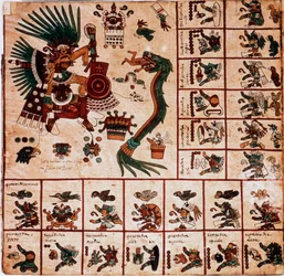 Quetzalcoatl és Tezcatlipoca azték istenségek, valamint a naptárnak megfelelő mezők ábrázolása. Az „Codex Borbonicus” című, fakérgen készült azték kézirat lapja, Közép-Mexikó prekolumbiánus őslakos kódexe, 15. század vége. A Nemzetgyűlés könyvtára