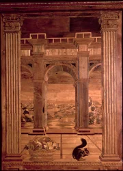 Federigo da Montefeltro, Urbino hercegének tanulmánya: Baccio Pontelli († 1492) által tervezett, árkádos terasz boltívein keresztül látható kiterjedt tájat ábrázoló intarziapanelek