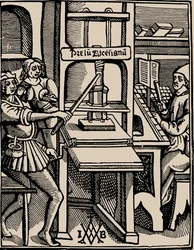 Prelum Ascensianum: nyomtató készülék a nyomdával a munkahelyen, 1508.