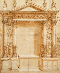 Oltár tervezése oromfalas tabernákulummal, amely Szent Lúcia, Szent Ágnes, Szent Ansanusz és Szent István páros korinthoszi szobraira támaszkodik, ezek közötti fülkékben