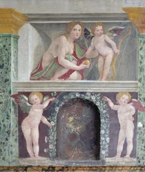 A Vénuszt és Ámort ábrázoló Trompe loeil fülke leendő részletének csarnoka, 1518-1919-es freskó