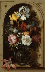 Íriszek, rózsák, gyöngyvirág és más virágok üvegvázában egy fülkében, 1621