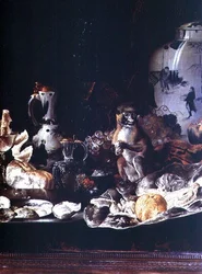 Egzotikus csendélet majommal és kínai porcelánnal