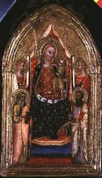 Madonna és a Szent Bertalan és más szentekkel trónoló gyermek