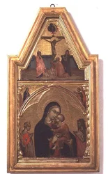 Madonna és gyermek Keresztelő Szent Jánossal és Szent Katalinnal, fent a keresztre feszítés jelenetével