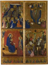 A Szűz megkoronázása. A Szentháromság. A Szűz a gyermekkel és az adományozókkal. A keresztre feszítés. A tizenkét apostol, 1374