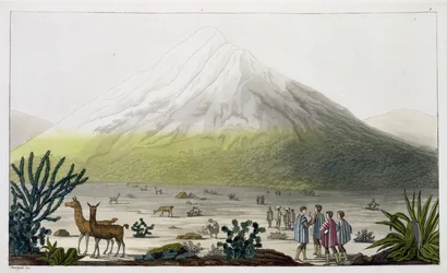 Chimborazo-hegy, Ecuador, a „Le Costume Ancien et Moderne” II. kötetéből, 3. tábla, Jules Ferrario műve, Paolo Fumagalli metszete, kiadva az 1820-as-30-as évek körül