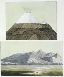 A Cotopaxi csúcsa (felül) és a Cotopaxi kitörése, 1803 (alul), Jules Ferrario „Le Costume Ancien et Moderne” című művének I. kötetéből, kiadva kb. az 1820-30-as években