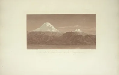 Kilátás a Chimborazóra és a Carguairazóra, Gmelin rajza, Arnold metszete, illusztráció Alexander von Humboldt és Aimé Bonpland «Vues des Cordillères et Monumens des Peuples Indigènes de l