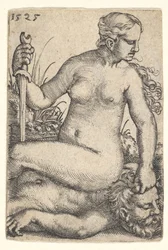 Judit, jobbra tekintve, meztelenül Holofernész holttestén ülve, karddal, 1525