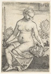 Judit, meztelenül ülve, jobb kezében karddal, Holofernész fejére tekintve ..., 1523
