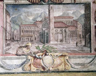 Hálószoba, a Medici-uralom alatti városokat ábrázoló fríz részlete, Pistoia, 1564-75 freskó