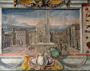 Hálószoba, a Medici-uralom alatti városokat ábrázoló fríz részlete, esetleg Lucca, 1564-75 freskó