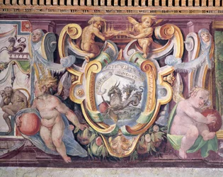 Toszkána nagyhercegének Sala del Granduca di Toscana terme a fríz részlete, amely az állatöv jegyeit, Bakot, Francesco deMedici emblémáját ábrázolja 1541-87 1564-75 freskó