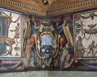 A toszkán nagyherceg Sala del Granduca di Toscana terme az állatöv jegyeit, az orrszarvút ábrázoló fríz részlete, 1564-75 freskó